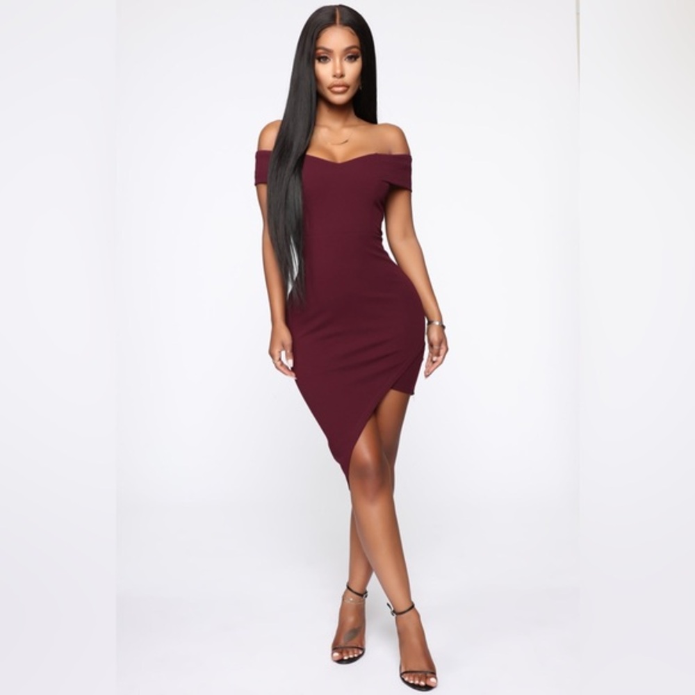 Fashion Nova Asymmetrical Burgundy Dress